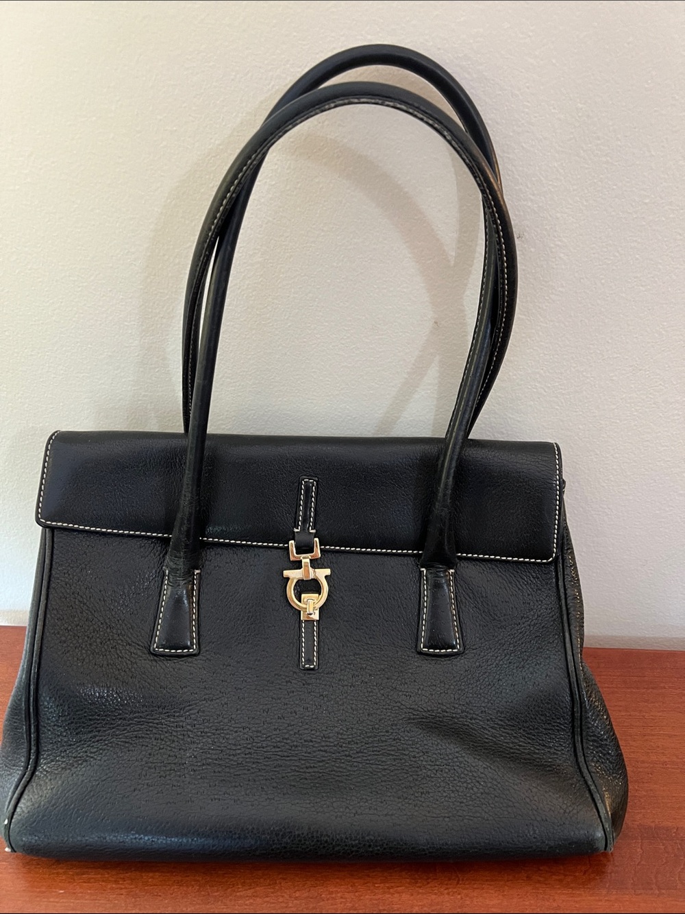 Salvatore Ferragamo Black Leather Shoulder Bag with Gold Hardware